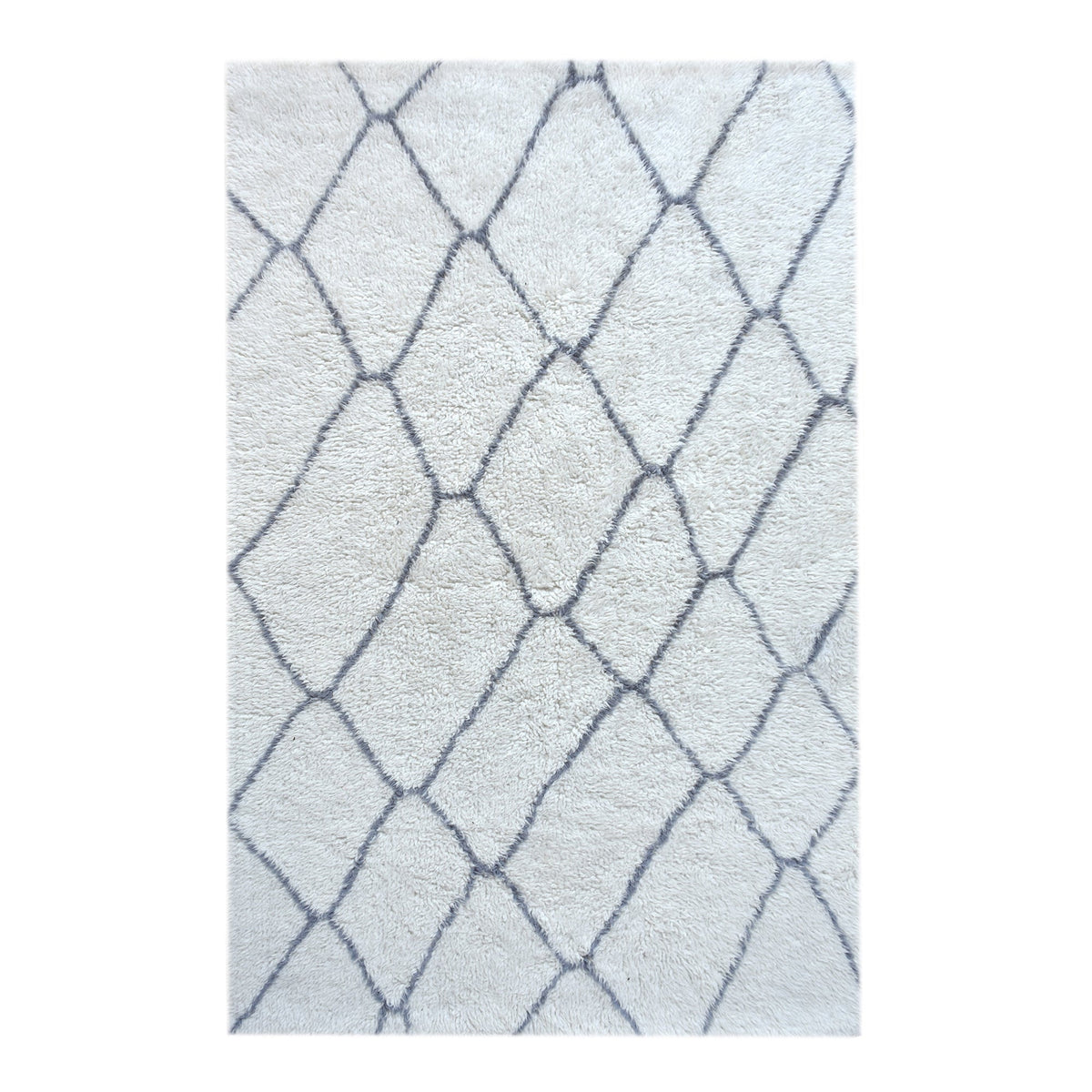 Kohra tufted New Zealand wool rug with a grey diamond lattice on white, in a living room