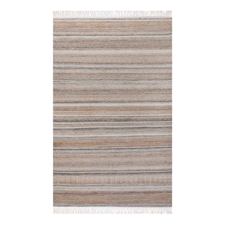 Deckchair handwoven jute and wool rug with broad ivory and tan stripes, in a living room