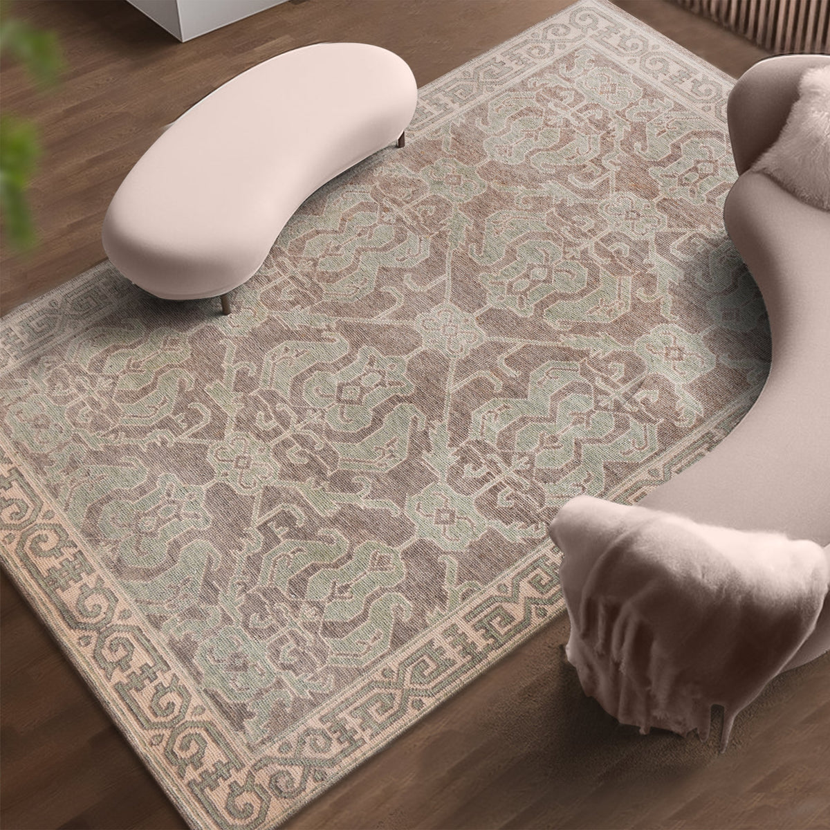 Teacup hand-knotted wool rug with dusty rose Aubusson florals on ivory, in a bedroom