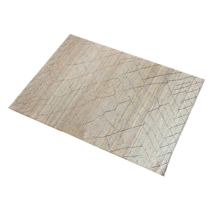 Trellis handwoven hemp and wool rug with fine diamond lattice on natural, in a living room