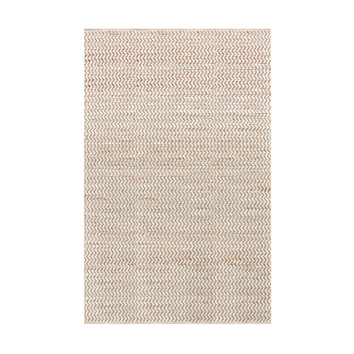 Chevron handwoven cream wool and jute rug with a herringbone chevron weave, in a living room