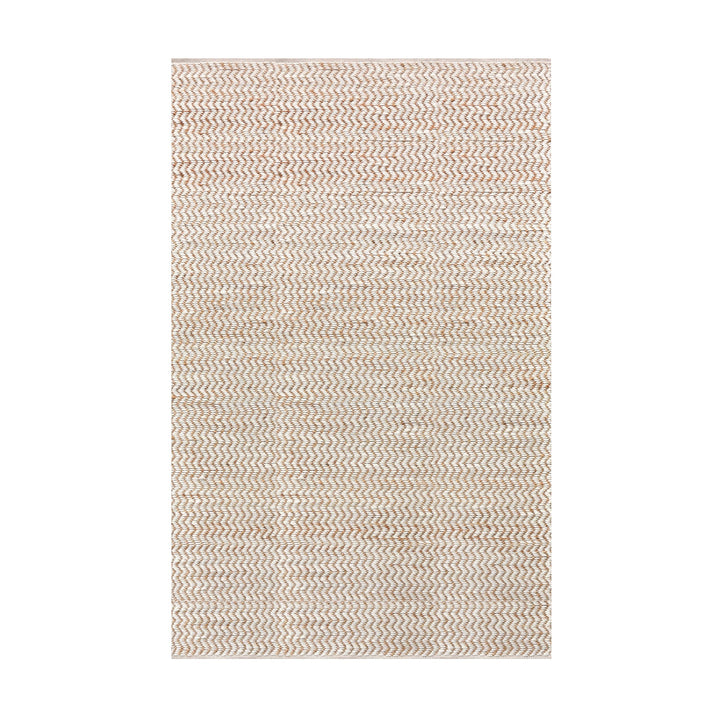 Chevron handwoven cream wool and jute rug with a herringbone chevron weave, in a living room