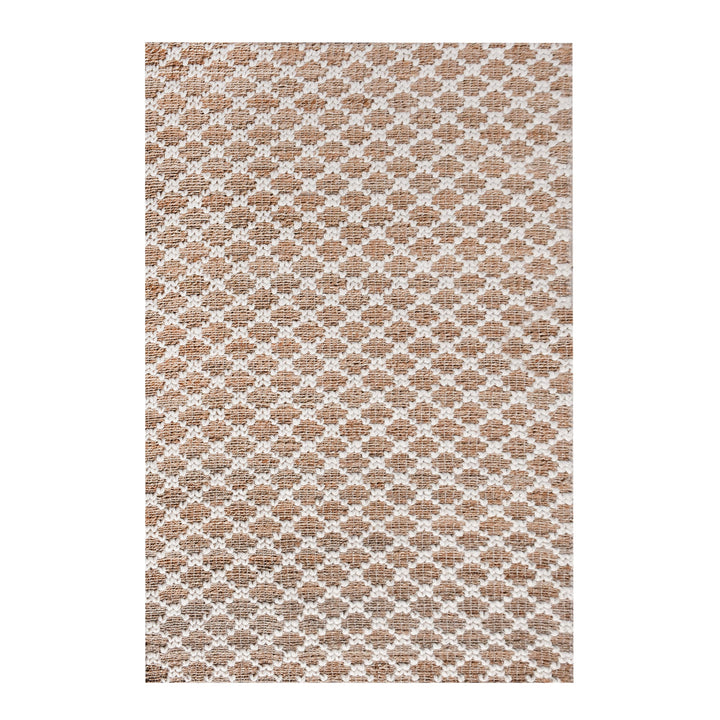Lattice handwoven jute and wool rug with tan and ivory trellis pattern, in a dining room