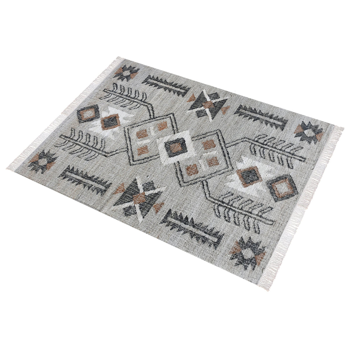 Terrain flatweave hemp rug with grey ground and terracotta and black motifs, in an entryway