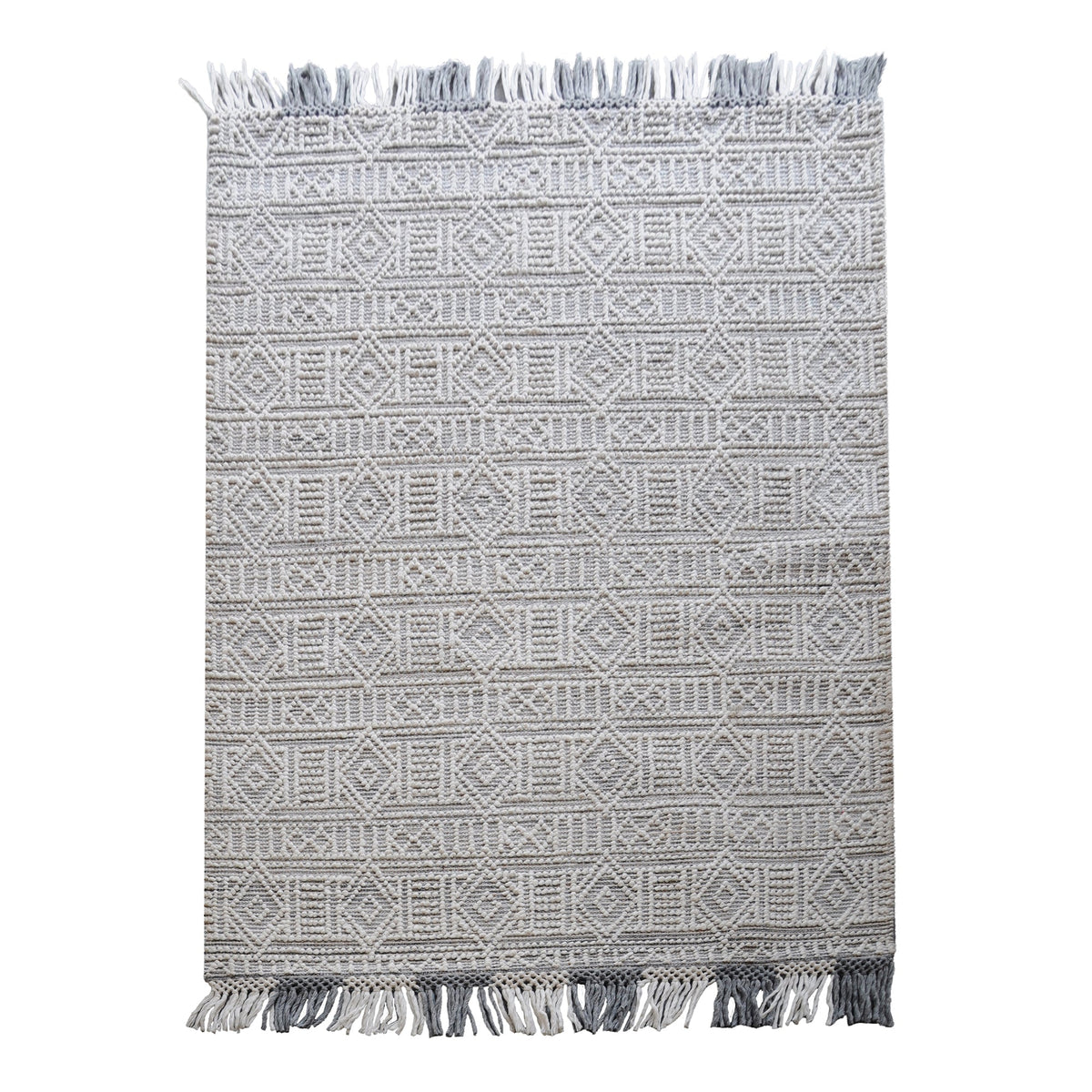 Baoli handwoven recycled PET rug with chunky ivory and grey tribal geometry, in an entryway
