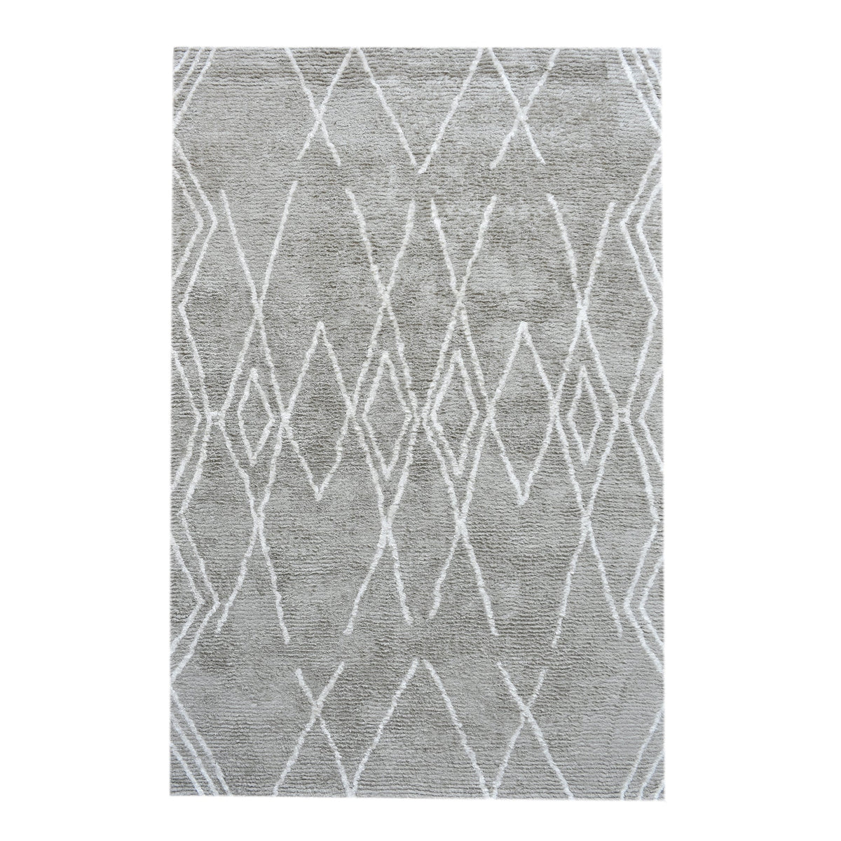 Jugnu tufted cotton and viscose rug with ivory diamond lines on silver grey, in a bedroom