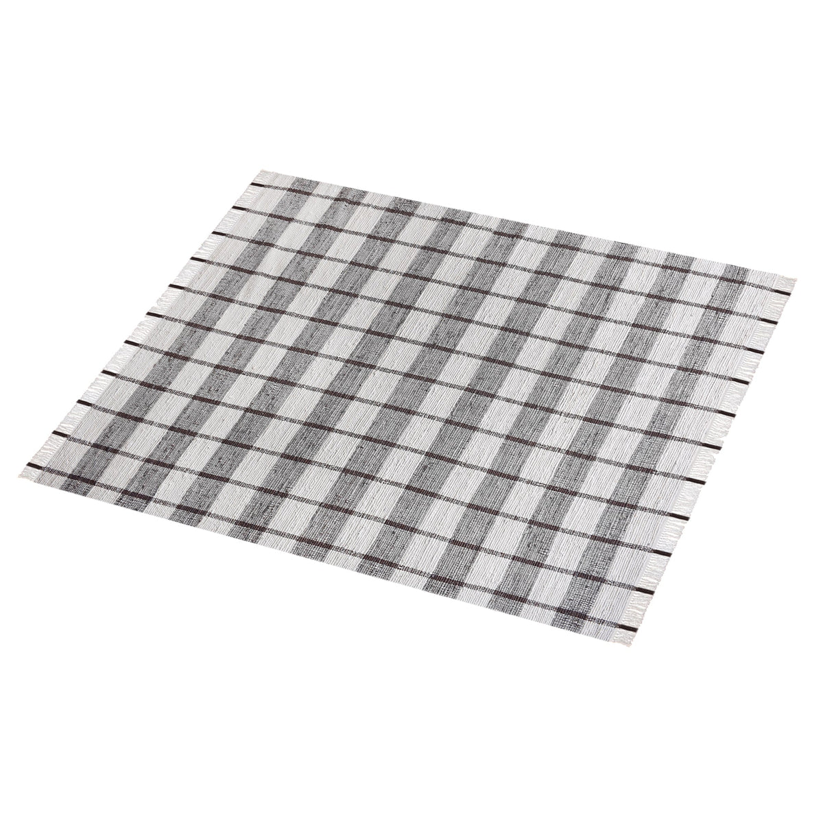 Gamcha handwoven recycled denim flatweave rug with a charcoal-grey and ivory buffalo check, in a living room