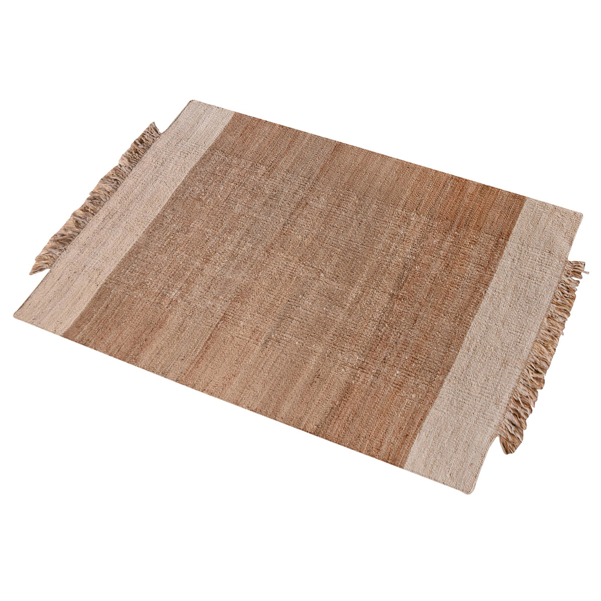 Sunbaked flatweave jute and wool rug in terracotta and blush colour blocks, in a living room