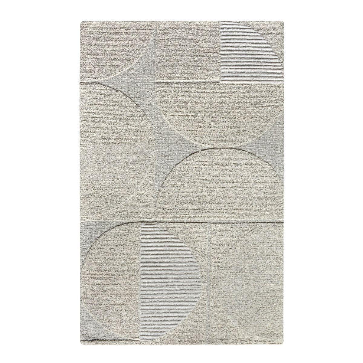 Archway handwoven ivory wool rug with carved arc lines, in a living room