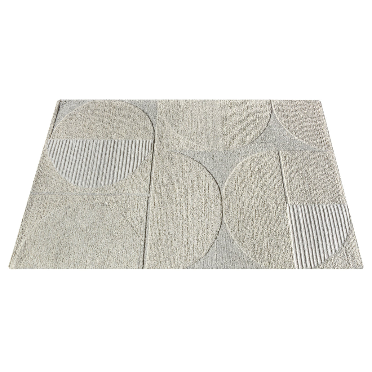 Archway handwoven ivory wool rug with carved arc lines, in a living room