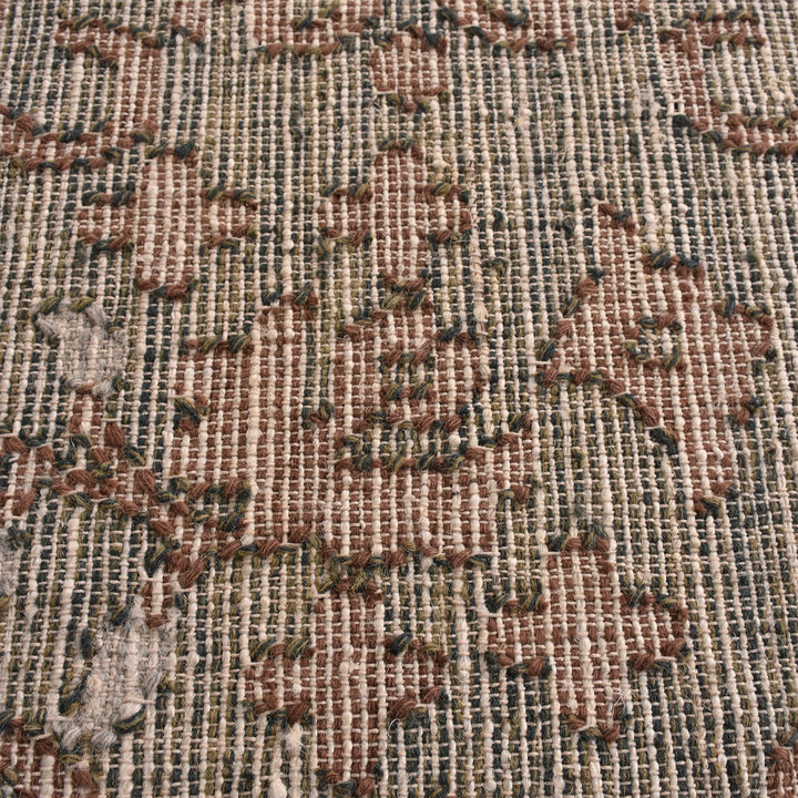 Haveli handwoven flatweave jute and wool rug with a faded beige medallion and terracotta border, in a living room
