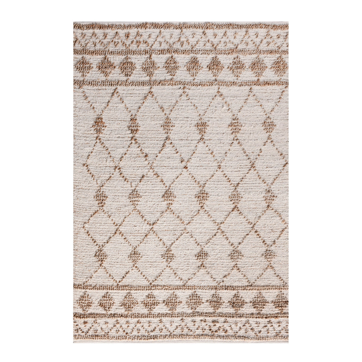 Driftwood handwoven jute rug with natural and grey diamond lattice, in a living room