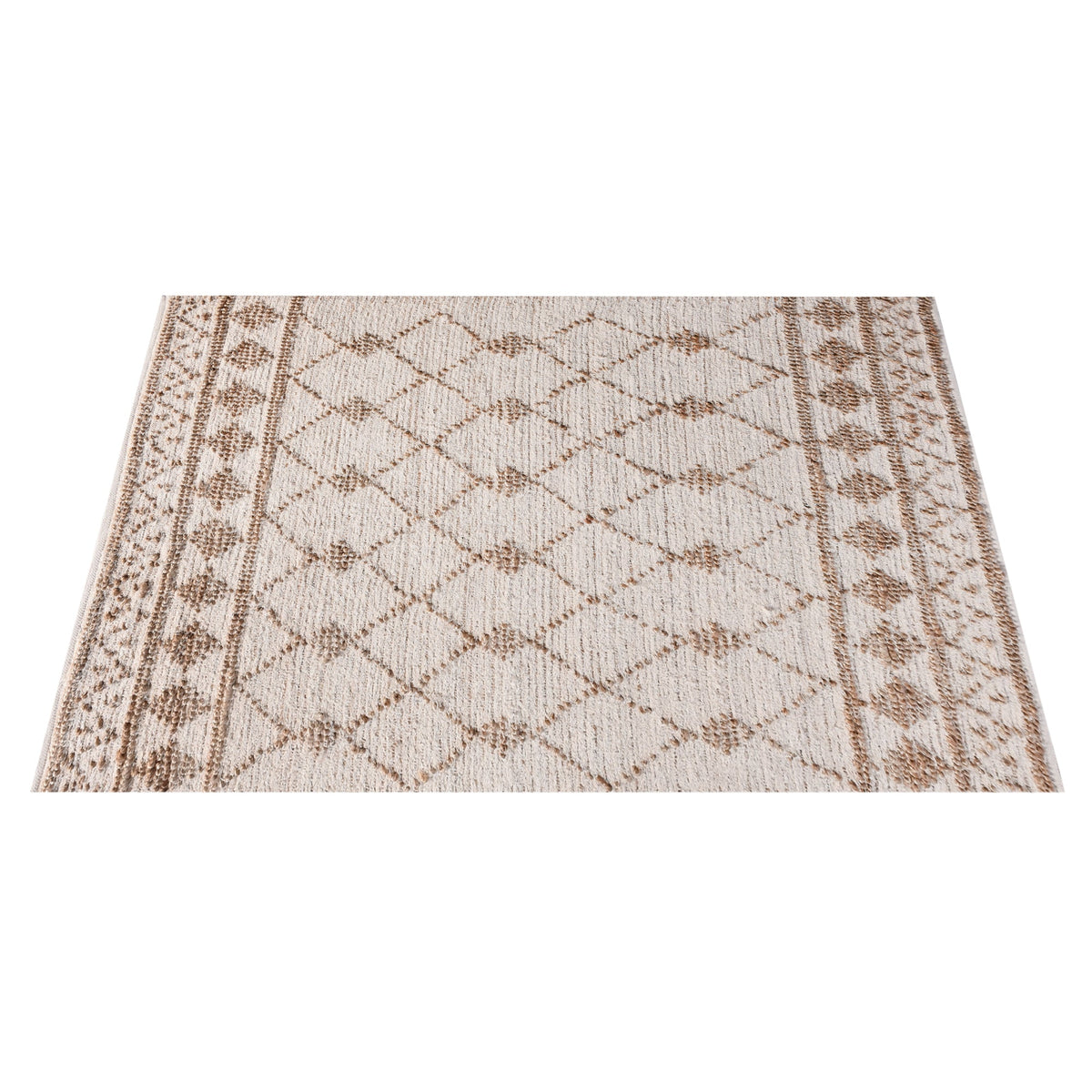 Driftwood handwoven jute rug with natural and grey diamond lattice, in a living room