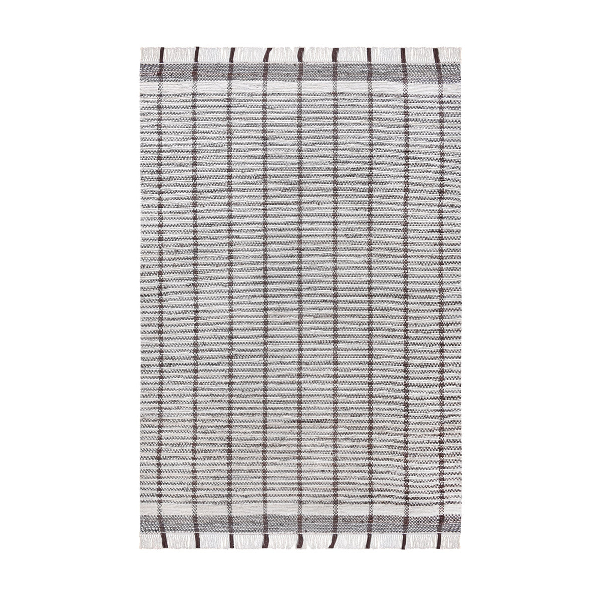 Awning handwoven denim and cotton rug with broad grey and ivory stripes, in a living room