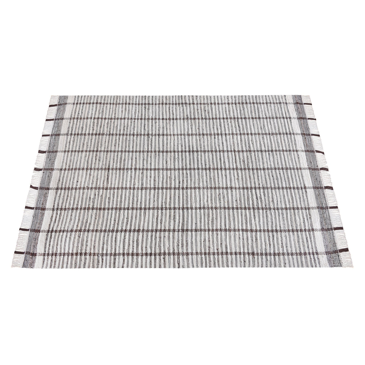 Awning handwoven denim and cotton rug with broad grey and ivory stripes, in a living room