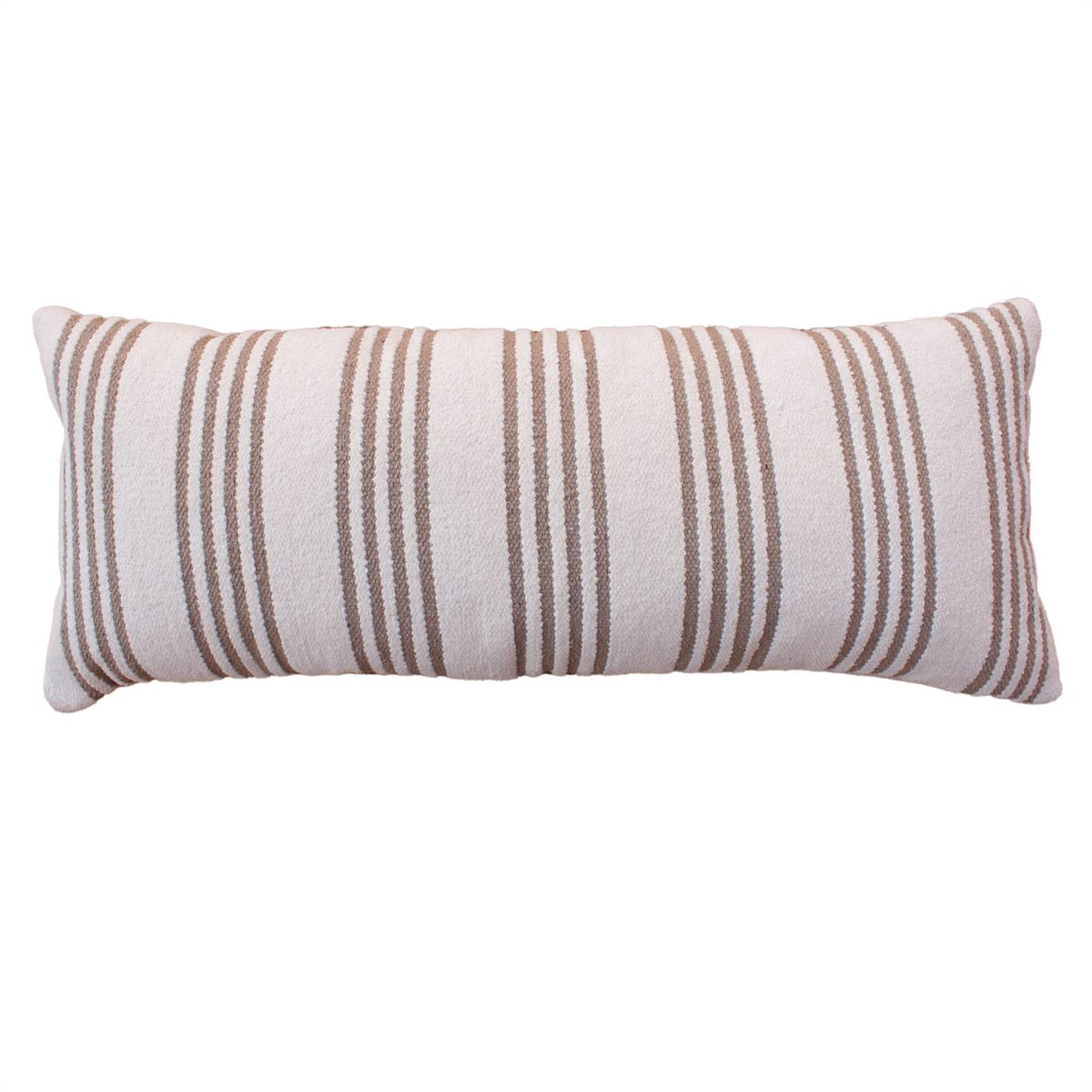 Pencil Stripe Handwoven Cotton Chenille Lumbar Cushion — Fine beige stripes run across an ivory rectangular cushion.