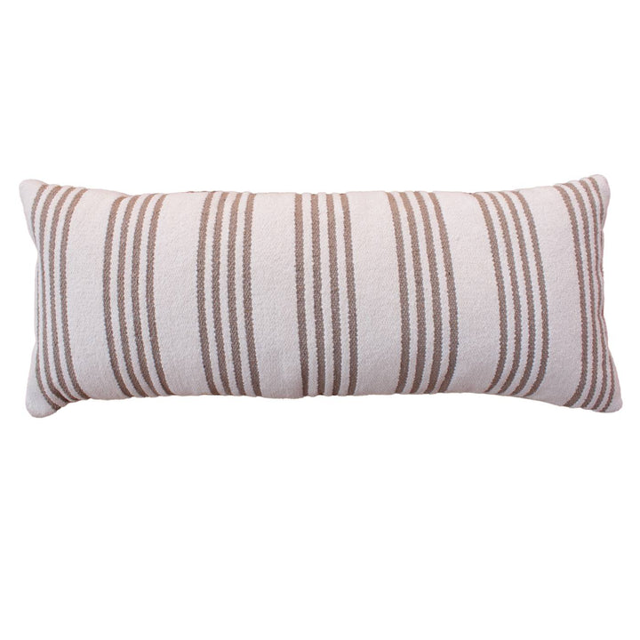 Pencil Stripe Handwoven Cotton Chenille Lumbar Cushion — Fine beige stripes run across an ivory rectangular cushion.
