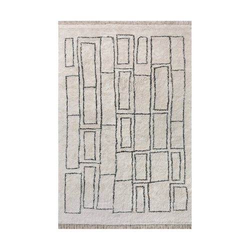 Eent tufted cotton rug with charcoal rectangle grid on ivory, in a bedroom