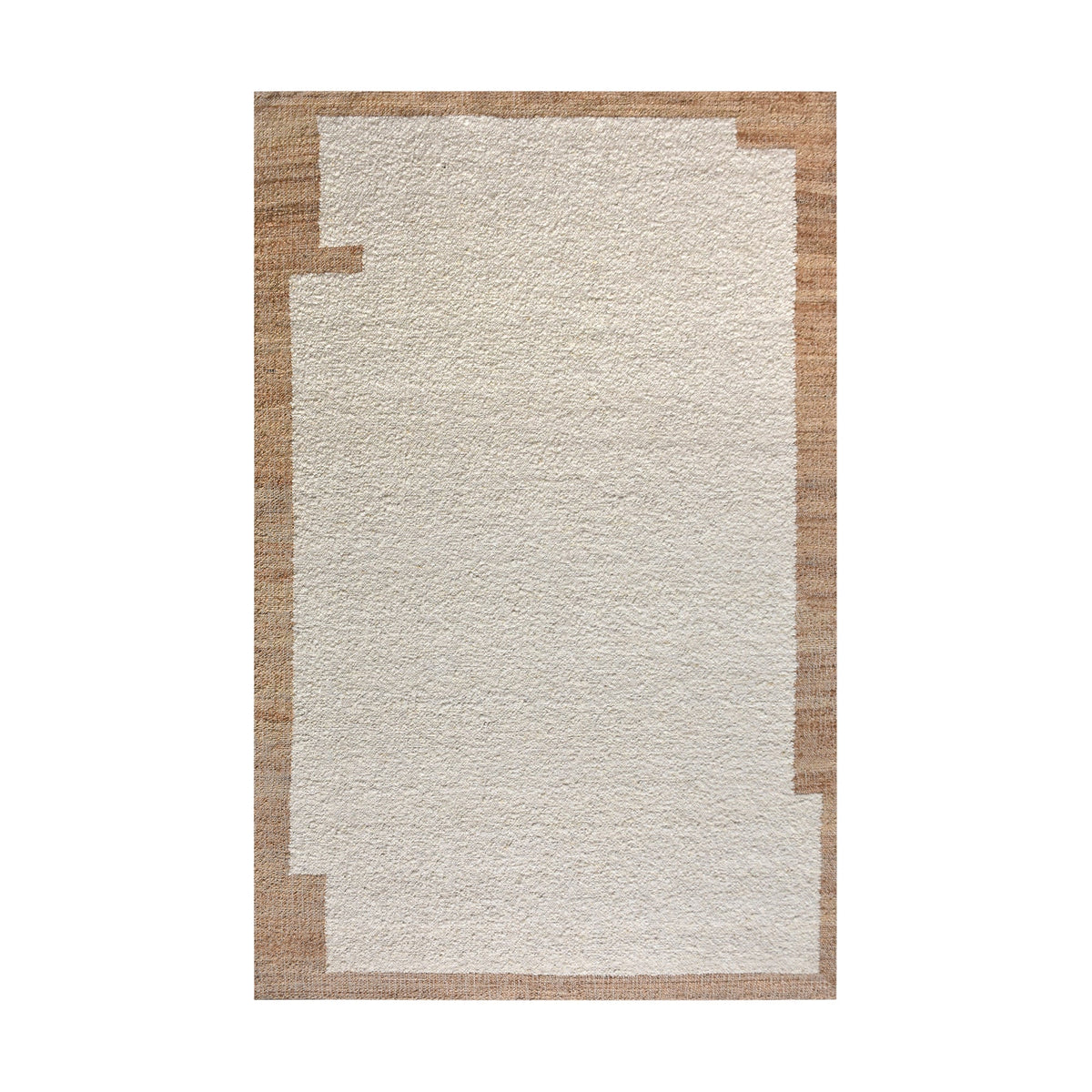 Kinari handwoven wool and jute rug in pale ivory with plain ribs and a tonal border, in a living room