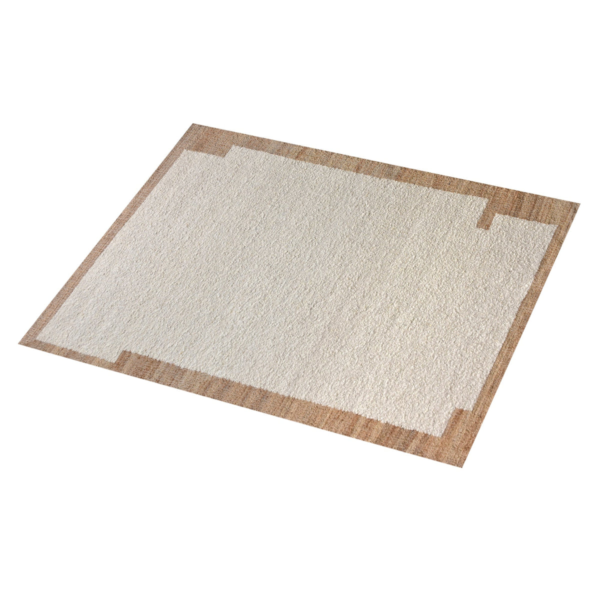 Kinari handwoven wool and jute rug in pale ivory with plain ribs and a tonal border, in a living room