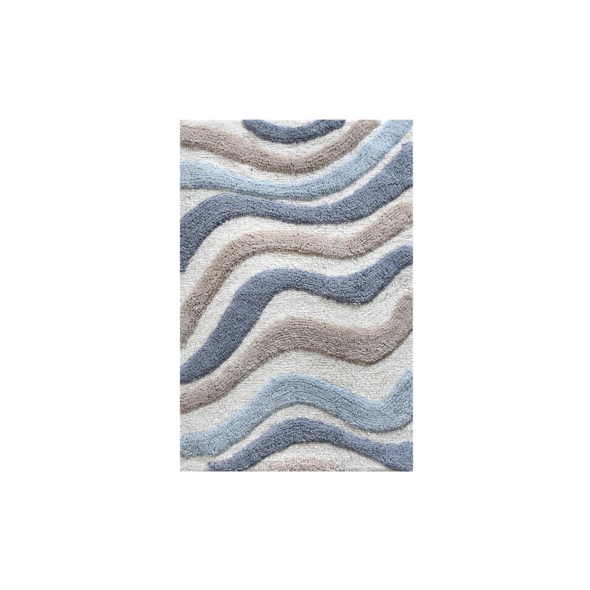 Blue Current Cotton Bath Rug — Blue, ivory and beige bands follow a gently flowing wave pattern.