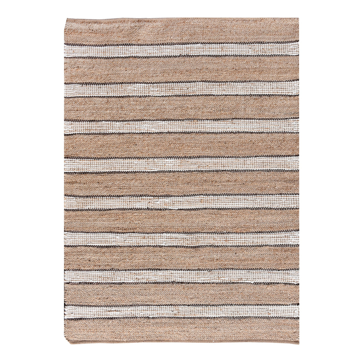 Hessian handwoven hemp and leather rug with ivory stripes on tan, in a dining room