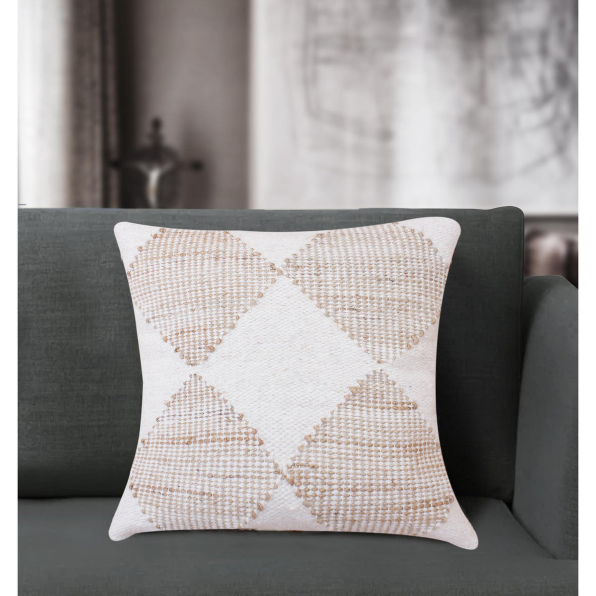 Dunefield Handwoven Jute & Wool Cushion — Ivory diamonds stand out against a natural-toned woven ground.