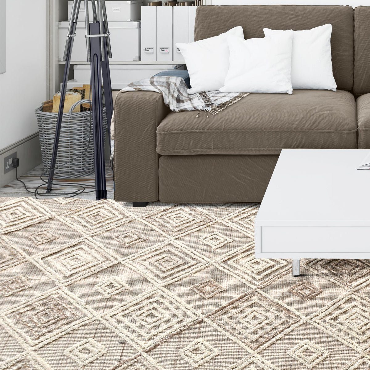 Jaali handwoven oatmeal wool rug with raised ivory diamond lattice, in a living room
