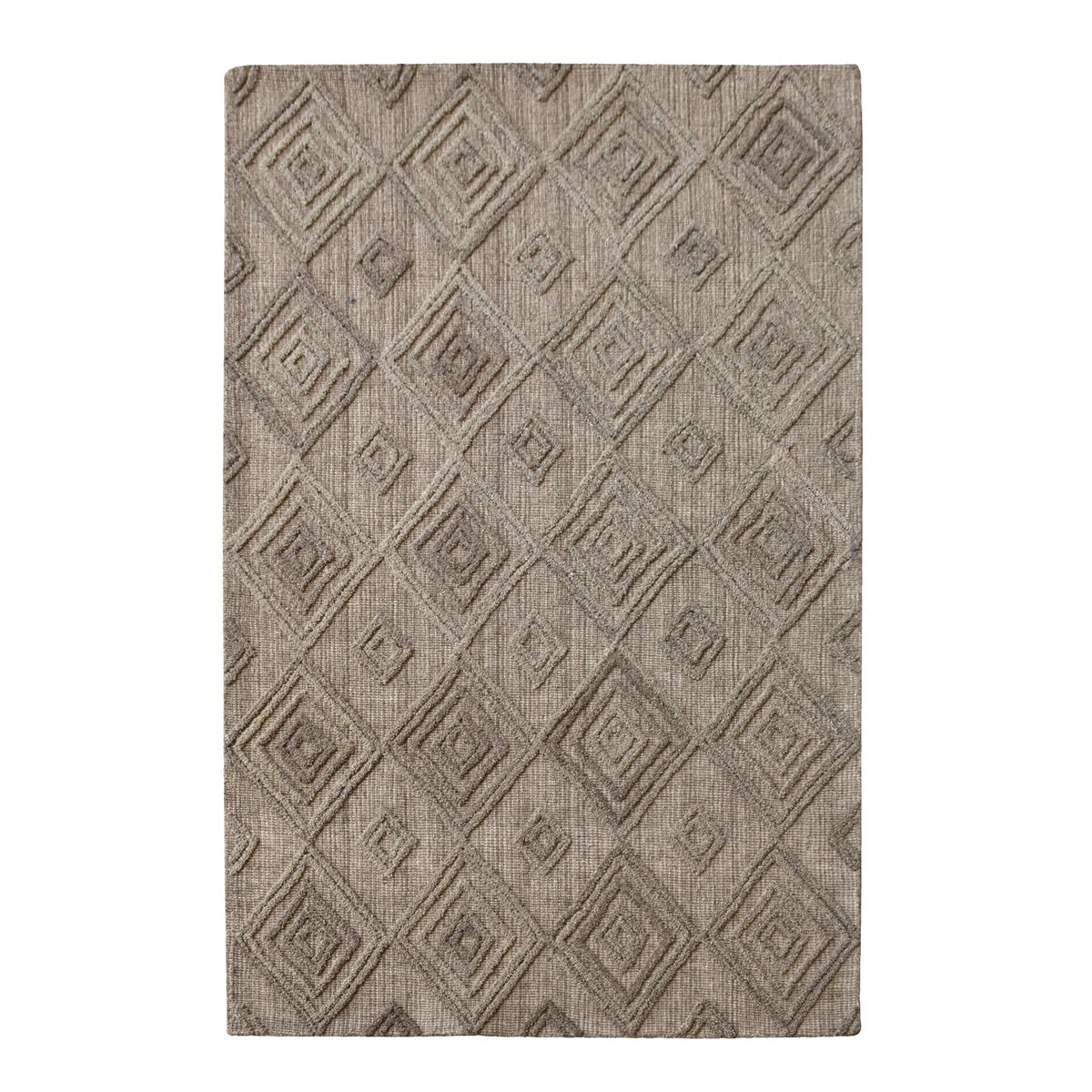 Jaali handwoven oatmeal wool rug with raised ivory diamond lattice, in a living room