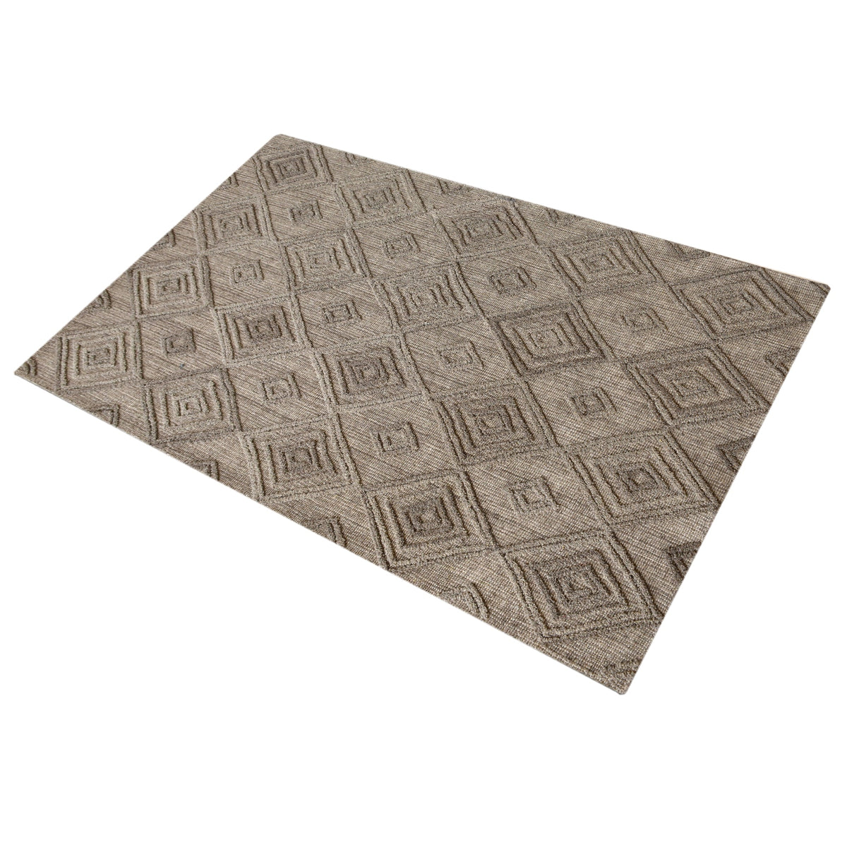 Jaali handwoven oatmeal wool rug with raised ivory diamond lattice, in a living room