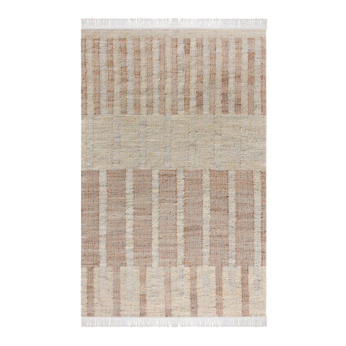 Diwar handwoven jute flatweave rug in natural, blush and ivory blocks, in a living room