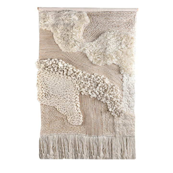 Cloudbank Textured Wool Wall Hanging — Raised ivory shapes and a fringed lower edge create a sculpted textile surface.