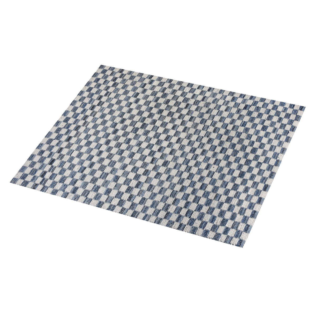 Taash handwoven denim and cotton rug with a navy and ivory checkerboard, in a living room