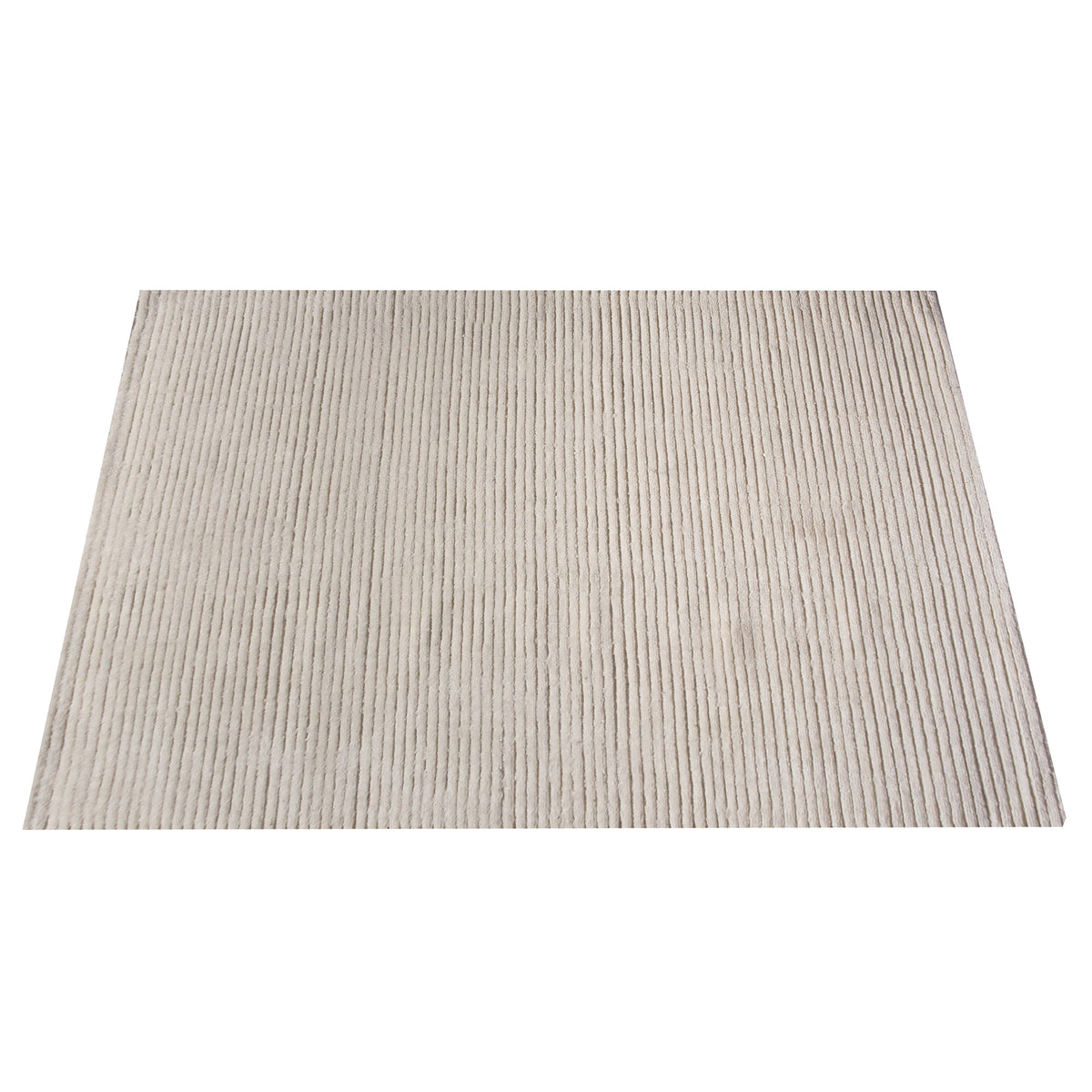 Hal handwoven NZ wool rug in ivory with wide ribbed stripes, in a dining room